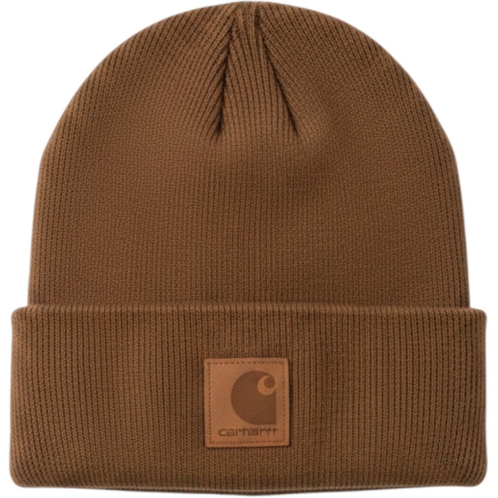 Carhartt Beanie Hat Brown Knit Winter Cap Faux Leather‎ Logo Patch One Size Mens